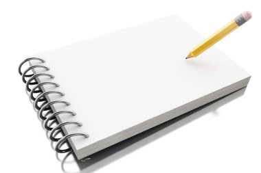 3D çizim. Boş spiral cilt kalem ile not etmek. İzole beyaz arka plan.