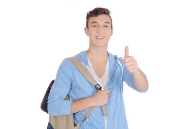 Genç mutlu öğrenci başparmak göstermek yukarıya. Eğitim kavramı. İzole beyaz arka plan