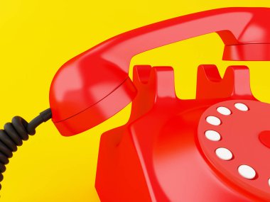 3D Oluşturucu görüntü. Sarı zemin üzerine eski kırmızı telefon. İletişim kavramı.