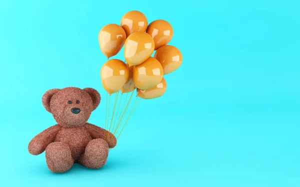 3d illustration. Funny teddy bear with balloons on blue background.