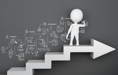 3D çizim. Oku merdiven üzerinde duran ve çizim tasarım süreci, beyazlar kroki. Yaratıcı kavramı 