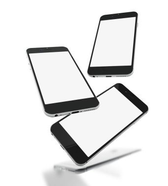 3D çizim. Boş ekran ile siyah smartphone kümesi. İzole beyaz arka plan.