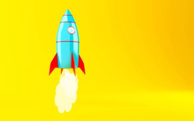 3D çizim. Roket uzay gemisi sarı zemin üzerine.