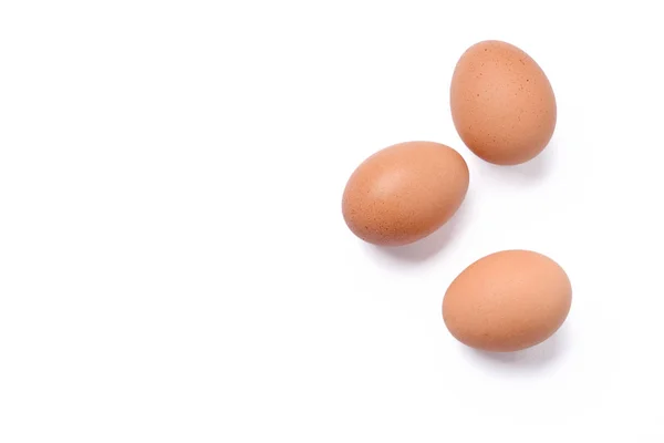 Vista Superior Três Ovos Crus Comida Saudável Fundo Branco Isolado — Fotografia de Stock