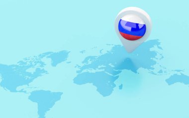3D çizim. Dünya harita harita işaretçi Rusya bayrağı simgesi ile. Konum kavramı.