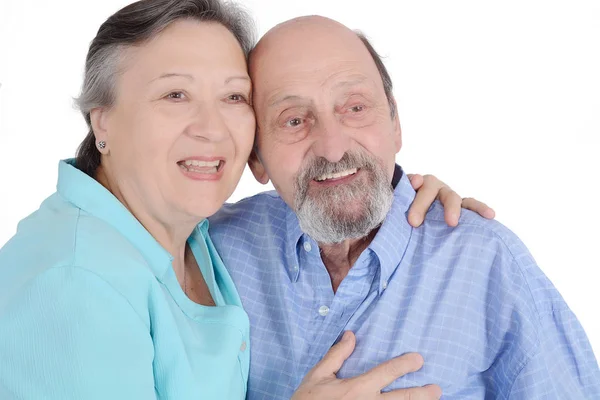 Portrait Happy Senior Couple Looking Camera Isolated White Background — Stock Photo, Image