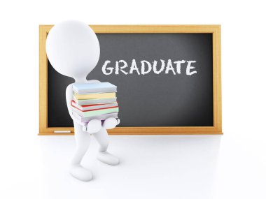 3D render illüstrasyon. Bir yığın kitap ve yazı tahtası taşıyan beyaz insanlar. Eğitim kavramı. İzole beyaz arka plan.