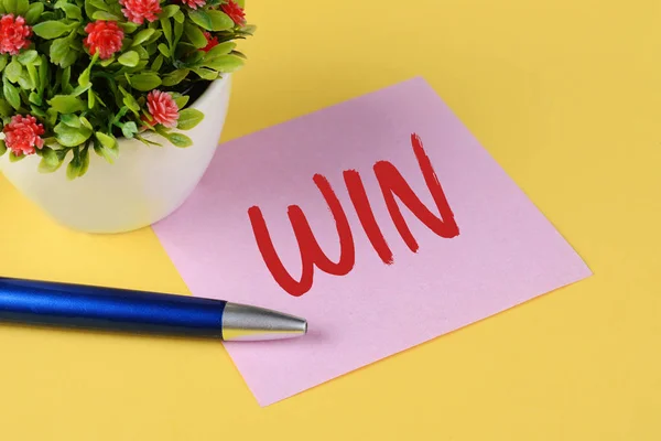 Close View Paper Note Text Win Yellow Background — Stock Photo, Image