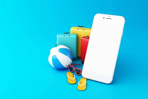 イラスト フリップ フロップ サングラス ビーチボール 旅行のスーツケースと白の画面を持つスマート フォン 熱帯の夏の休暇の概念 — ストック写真
