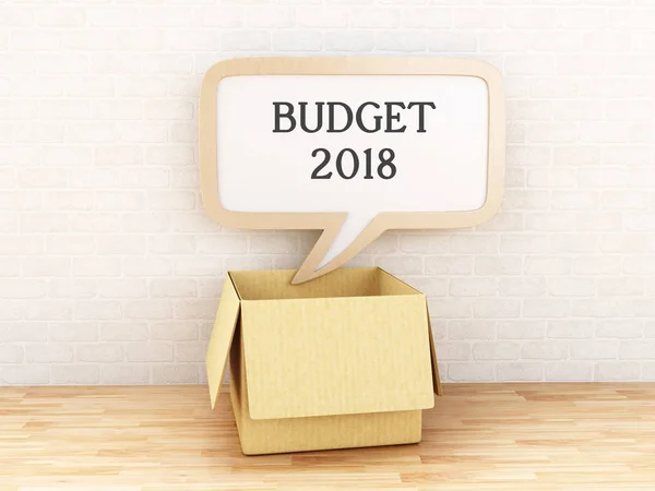 Illustration Öppnade Lådan Med Pratbubblan Med Budget 2018 Mot Tegelvägg — Stockfoto