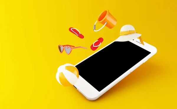 Illustration Flip Flops Sunglasses Beach Ball Straw Hat Smartphone Screen — Stock Photo, Image