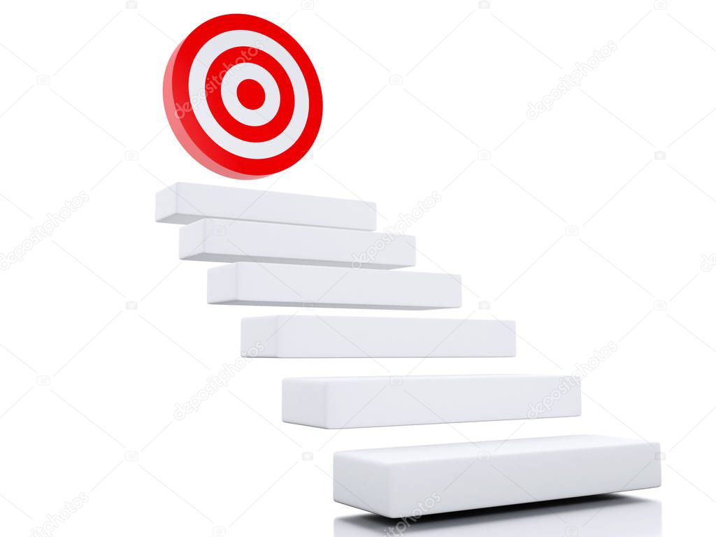 3d illustration. Steps or stairs with goal target. Business concept. Isolated white background.