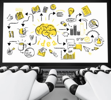 3D çizim. Robot el yenilik ile bir dizüstü bilgisayarda yazarak kroki. Yaratıcı kavramı. İzole beyaz arka plan