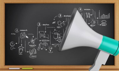 3D Oluşturucu görüntü. Megafon ve yaratıcı süreç kroki ile yazı tahtası. 