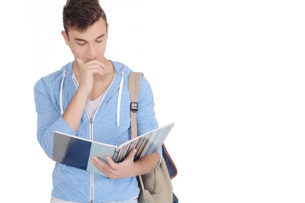 Retrato Estudante Sorridente Feliz Com Caderno Bolsa Isolado Backgroun Branco — Fotografia de Stock