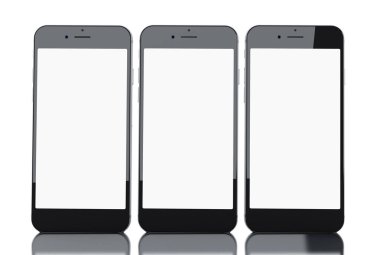 3D çizim. Boş ekran ile siyah smartphone kümesi. İzole beyaz arka plan.