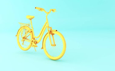 3D çizim. Mavi zemin üzerine sarı bisiklet. Spor kavramı.