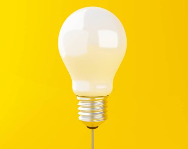 3D çizim. Sarı arka plan üzerinde ampul. Fikir ve iş kavramı.