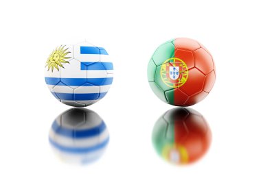 3D çizim. Uruguay ve Portekiz bayrağı ile futbol topları. Spor kavram. İzole beyaz arka plan.