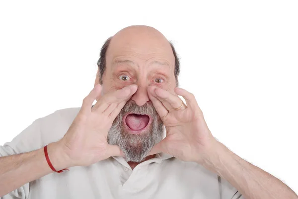Retrato Anciano Gritando Con Las Manos Cara Fondo Blanco Aislado —  Fotos de Stock