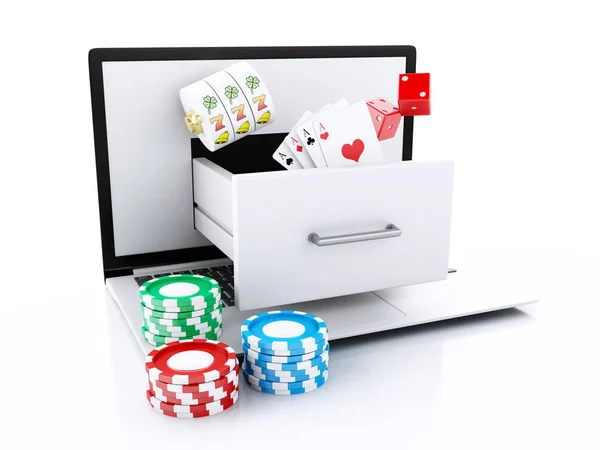 イラスト スロット マシン ルーレット チップ ポーカー カード サイコロとラップトップ オンラインカジノのコンセプトです 孤立した白い背景 — ストック写真