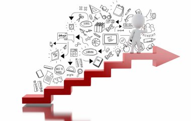 3D çizim. Beyaz insanlar çizim okul kroki. Eğitim kavramı .