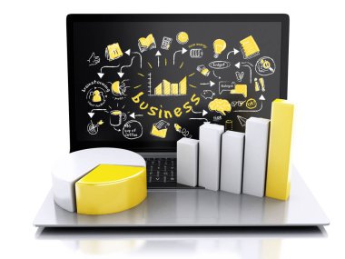 3D çizim render. Grafikler ve grafik ile dizüstü bilgisayar. İş başarı kavramı. Beyaz arka plan üzerinde izole