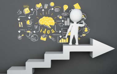 3D çizim. Oku merdiven üzerinde duran ve iş kroki çizim beyazlar. Busimess kavramı  