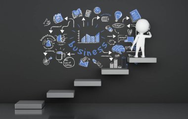 3D çizim. Oku merdiven üzerinde duran ve iş kroki çizim beyazlar. Busimess kavramı  