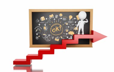 3D çizim. Oku merdiven üzerinde duran ve iş kroki çizim beyazlar. Busimess kavramı  