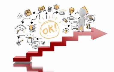 3D çizim. Oku merdiven üzerinde duran ve iş kroki çizim beyazlar. Busimess kavramı  