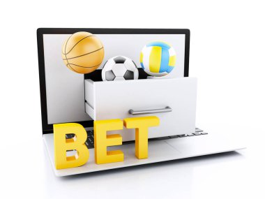 3D çizim. Dizüstü bilgisayar spor topları, cips ve bahis metin ile. Bahis kavramı.