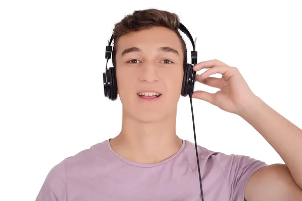 Porträt Eines Lächelnden Teenagers Der Mit Kopfhörern Musik Hört Isolierter — Stockfoto