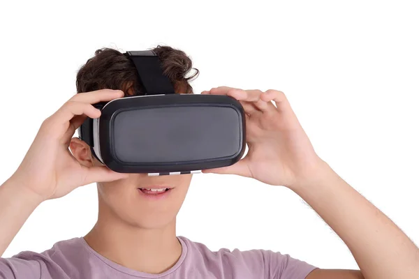 Vrolijke Tiener Jongen Met Behulp Van Bril Concept Van Virtuele — Stockfoto