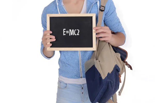 Close Young Handsome Man Holding Chalkboard Text Emc2 Education Concept — Stock Photo, Image