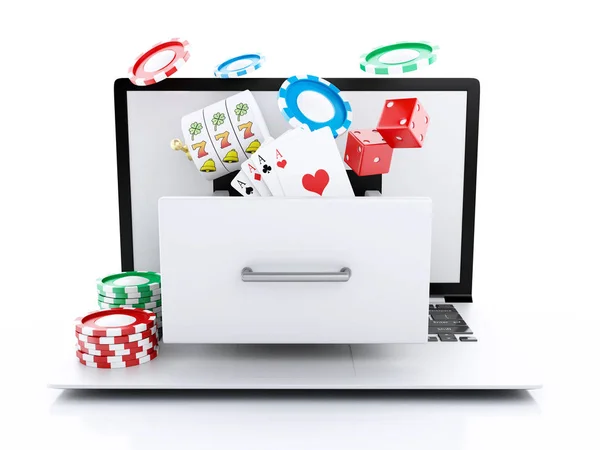 イラスト スロット マシン ルーレット チップ ポーカー カード サイコロとラップトップ オンラインカジノのコンセプトです 孤立した白い背景 — ストック写真