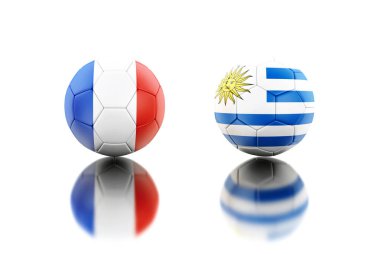 3D çizim. Fransa ve Uruguay bayrağı ile futbol topları. Spor kavram. İzole beyaz arka plan.