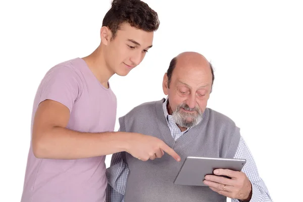Menino Adolescente Mostrando Avó Como Usar Tablet Digital Conceito Tecnologia — Fotografia de Stock