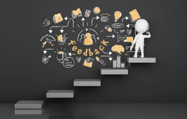 3D çizim. Oku merdiven üzerinde duran ve iş kroki çizim beyazlar. Busimess kavramı  