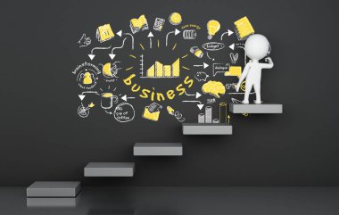 3D çizim. Oku merdiven üzerinde duran ve iş kroki çizim beyazlar. Busimess kavramı  