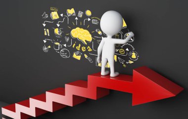 3D çizim. Oku merdiven üzerinde duran ve iş kroki çizim beyazlar. Busimess kavramı  