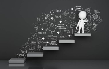 3D çizim. Beyaz insanlar çizim okul kroki. Eğitim kavramı .