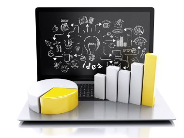 3D çizim render. Grafikler ve grafik ile dizüstü bilgisayar. İş başarı kavramı. Beyaz arka plan üzerinde izole