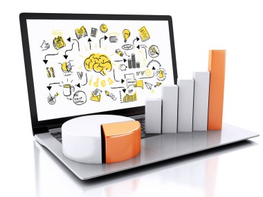 3D çizim render. Grafikler ve grafik ile dizüstü bilgisayar. İş başarı kavramı. Beyaz arka plan üzerinde izole