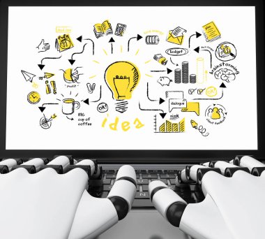 3D çizim. Robot el bir dizüstü bilgisayarda yazarak. Teknoloji kavramı. İzole beyaz arka plan