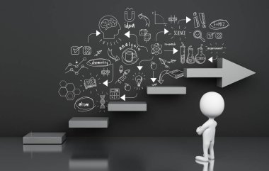 3D çizim. Beyaz insanlar ayakta çizim mezuniyet kroki. Eğitim kavramı 