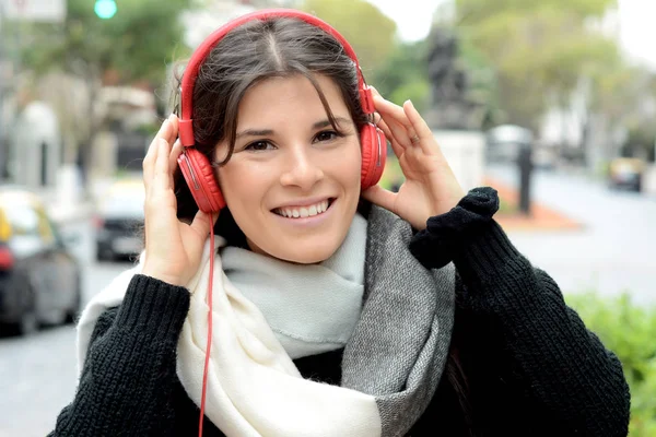 Portrait Young Beautiful Woman Listening Music Red Headphones Outdoors — Stock Photo, Image