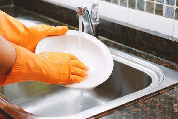 Close View Hands Rubber Gloves Washing Dishes Sponge Housework Concept — Stock Photo, Image