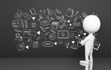 3D çizim. Beyaz insanlar ayakta çizim mezuniyet kroki. Eğitim kavramı 