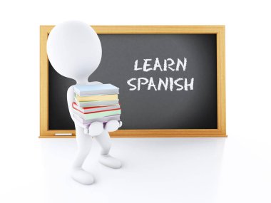 3D render illüstrasyon. Bir yığın kitap ve yazı tahtası taşıyan beyaz insanlar. Eğitim kavramı. İzole beyaz arka plan.